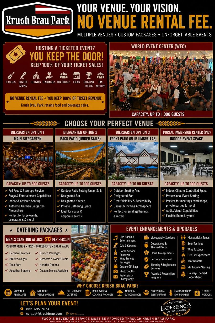 Krush Brau Park rental flier 2026: choose your perfect venue, capacities and packages