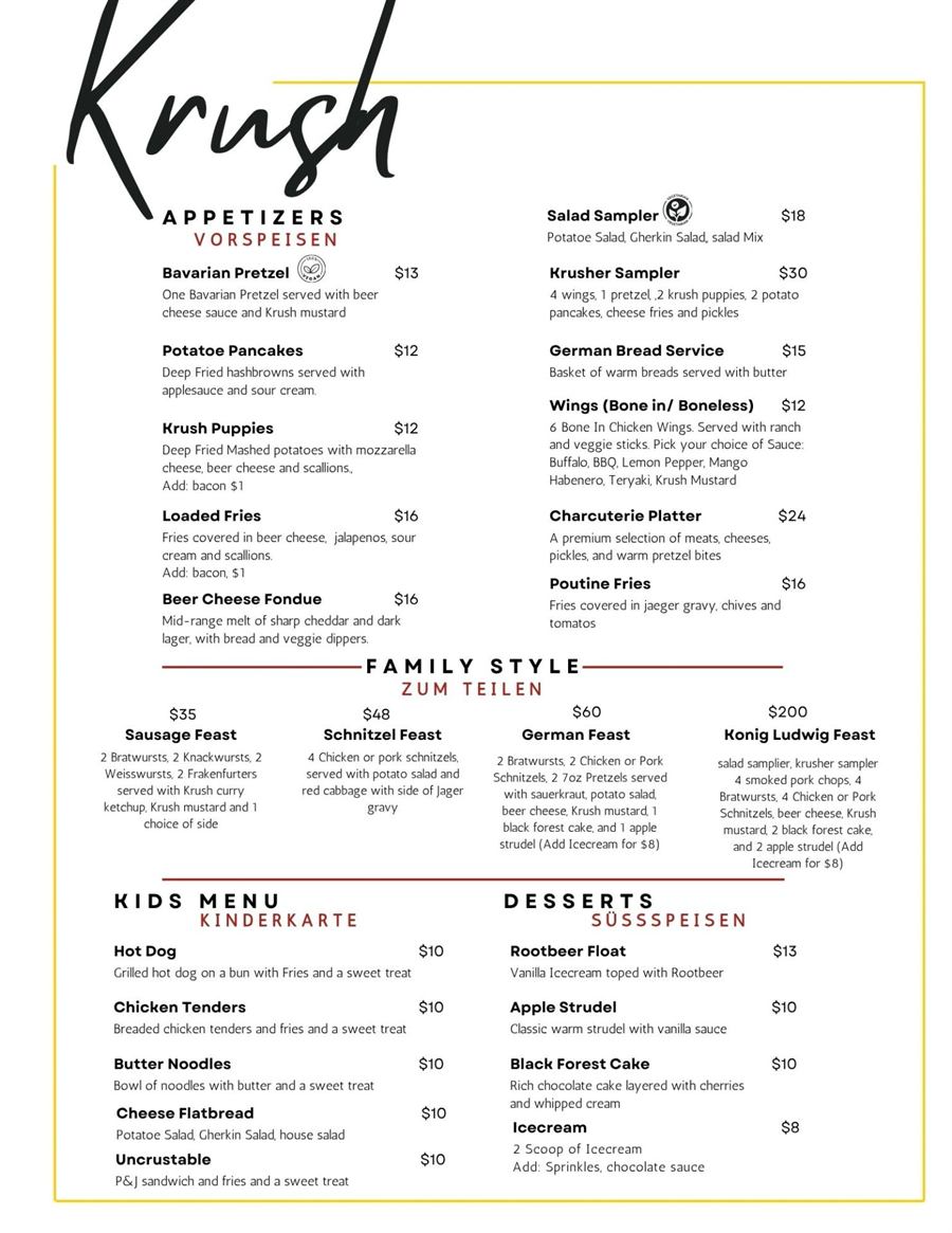 Krush Brau Park food menu page 1: schnitzel, bratwurst, pretzels, family-style platters