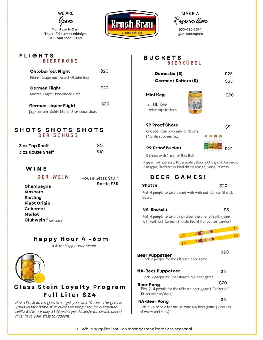 Krush Brau Park bar menu: shots, wine, beer games and happy hour