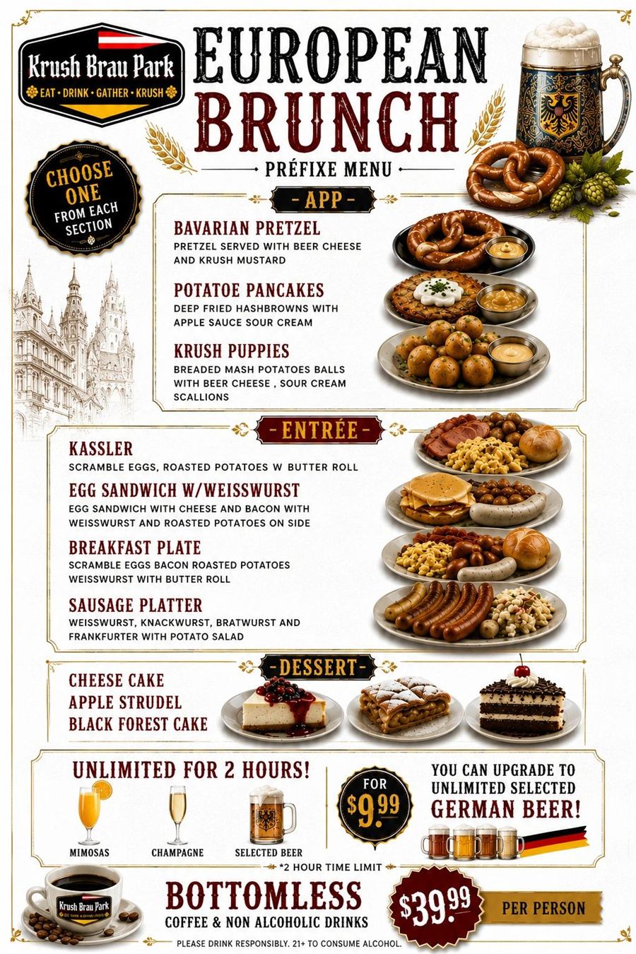 European Brunch menu at Krush Brau Park: potato pancakes, Krush poppies, kassler, egg sandwich, sausage platter, cheesecake